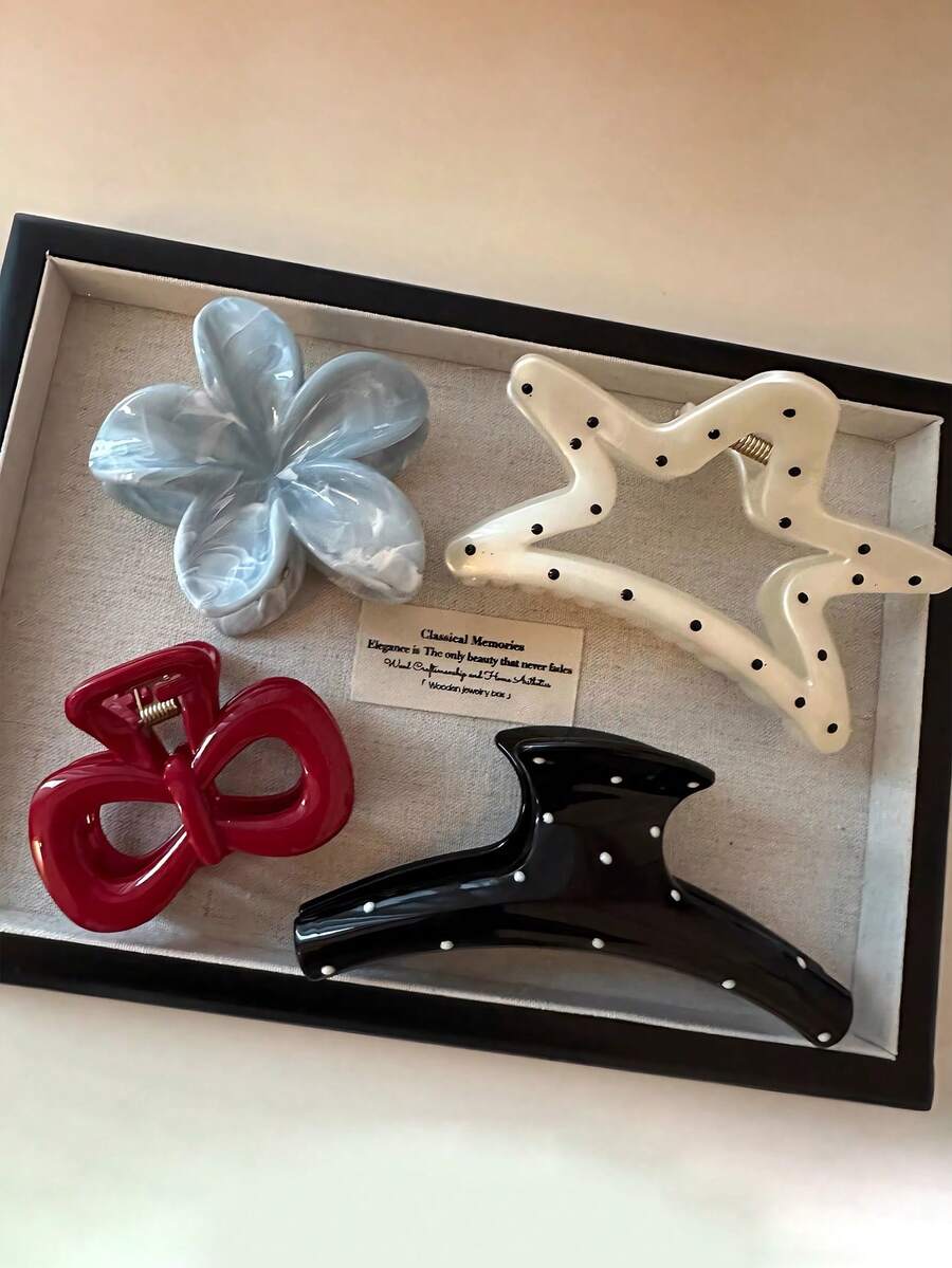 4件/1件亮蓝色花朵发夹，黑色发卡，红色波点蝴蝶结，白色星形塑料发夹，优雅简约，百搭，适合日常佩戴、休闲、派对、通勤、度假、洗脸、化妆、搭配夏季服装，沙滩抓夹，度假发爪。 - 彩色 - 查看 1