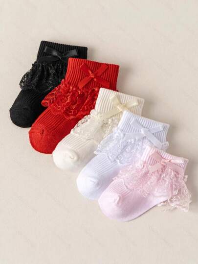 5 Pairs Lace Trim Bow Decor Girls Socks