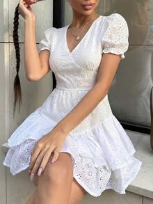Vestido casual feminino HoloChill, cor sólida, decote em V vazado, manga curta plissada, modelo 2026. Vestido casual de verão com manga bufante, elegante para festas, praia, casamentos, aniversários e muito mais. - Branco - Ver 7