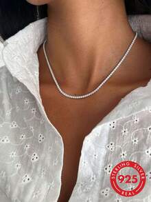 1条2毫米顶级嘻哈四爪镶钻网球链项链，可调节铂金镀层S925或925纯银闪亮奢华精致珠宝，女士理想礼物 - 2mm高級滿鑽項鍊 - 查看 2