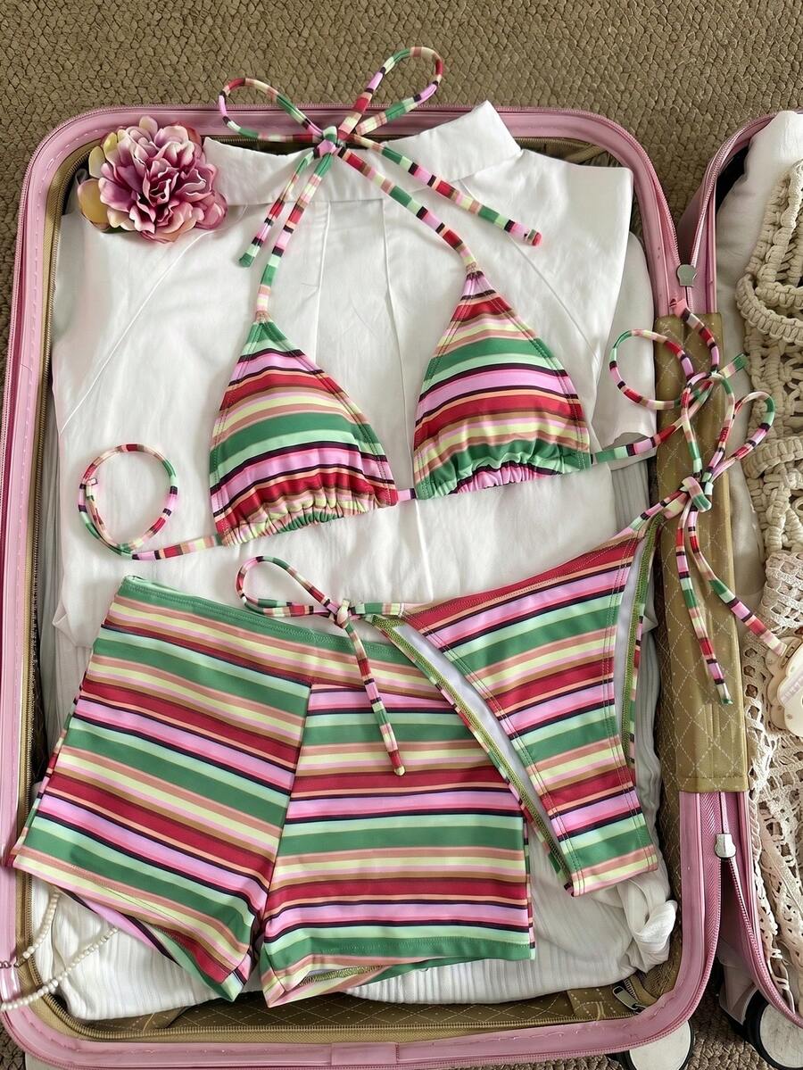 女士彩色条纹三件套比基尼,撞色拼接休闲波西米亚风露背系带沙滩度假音乐节夏季装扮 - 彩色 - 查看 1