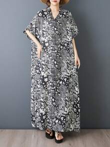 AZAH 萬聖節優雅舞會夏季女款黑色休閒長洋裝，寬鬆波希米亞風沙灘洋裝，大尺碼A字長裙，V領短蝙蝠袖，舒適棉麻面料附口袋 - 黑色 - 查看 5