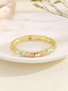 1pc Fashion New Style Gold Plated Exquisite Rhinestone Flower Enamel Cloisonne Bangle Bracelet Hinged Cuff Jewelry Gift For Girls Women Multicolor - Turquoise - View 3