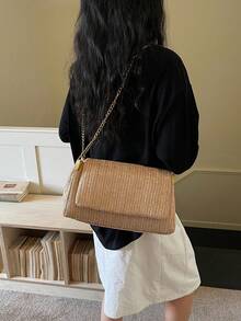 1pc Women's New Woven Chain, Straw One Shoulder Crossbody Bag, Summer Beach Bag, Suitable For Office, Commuting, Shopping, Vacation, Travel, Daily Wear - Khaki - View 4