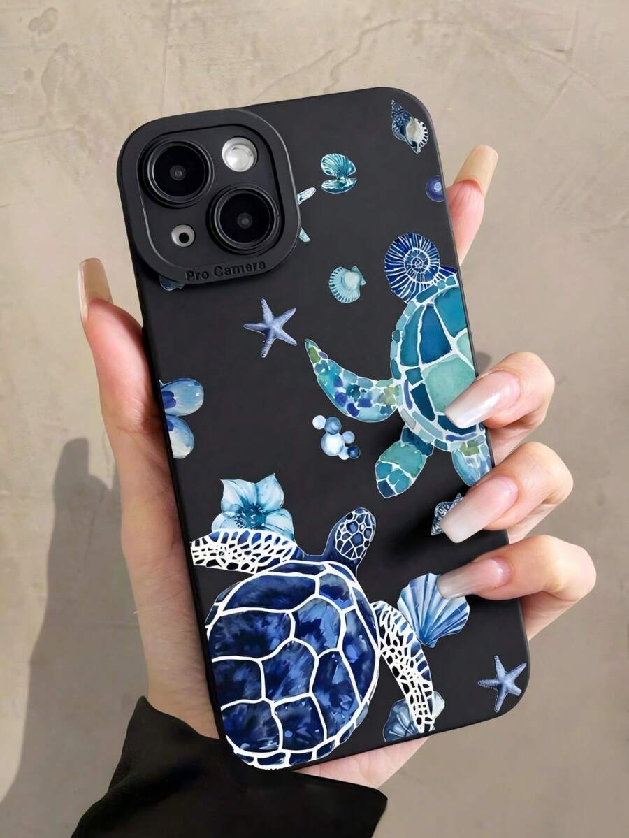 1pc Soft Silicone Ocean Sea Turtle & Starfish Pattern Shockproof, Non-Slip Transparent Full Protective Phone Case Compatible With IPhone 11/12/13/14/15/16 Pro Max Waterproof Anti-Fall Scratch Resistant, - Black - View 1