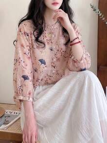 YUXIN 女士宽松复古碎花V领七分袖衬衫，夏季度假粉色春季 - 粉色 - 查看 9