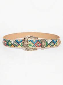 1 chiếc thắt lưng trang trí nữ nhiều màu sắc với khóa kim loại hình đầu bò họa tiết Bohemian. - Nhiều màu - Đầu bò - Xem 5
