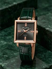 Đồng hồ thạch anh vuông sang trọng, dây da màu xanh lá cây, đính kim cương, vỏ vàng hồng, quà tặng cho thanh thiếu niên (1 chiếc/bộ). - màu đen - Xem 4