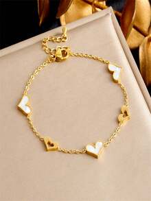 1 pieza Pulsera de acero inoxidable con diseño simple y corazón personalizado para uso diario de mujeres - Amarillo Oro - Ver 7