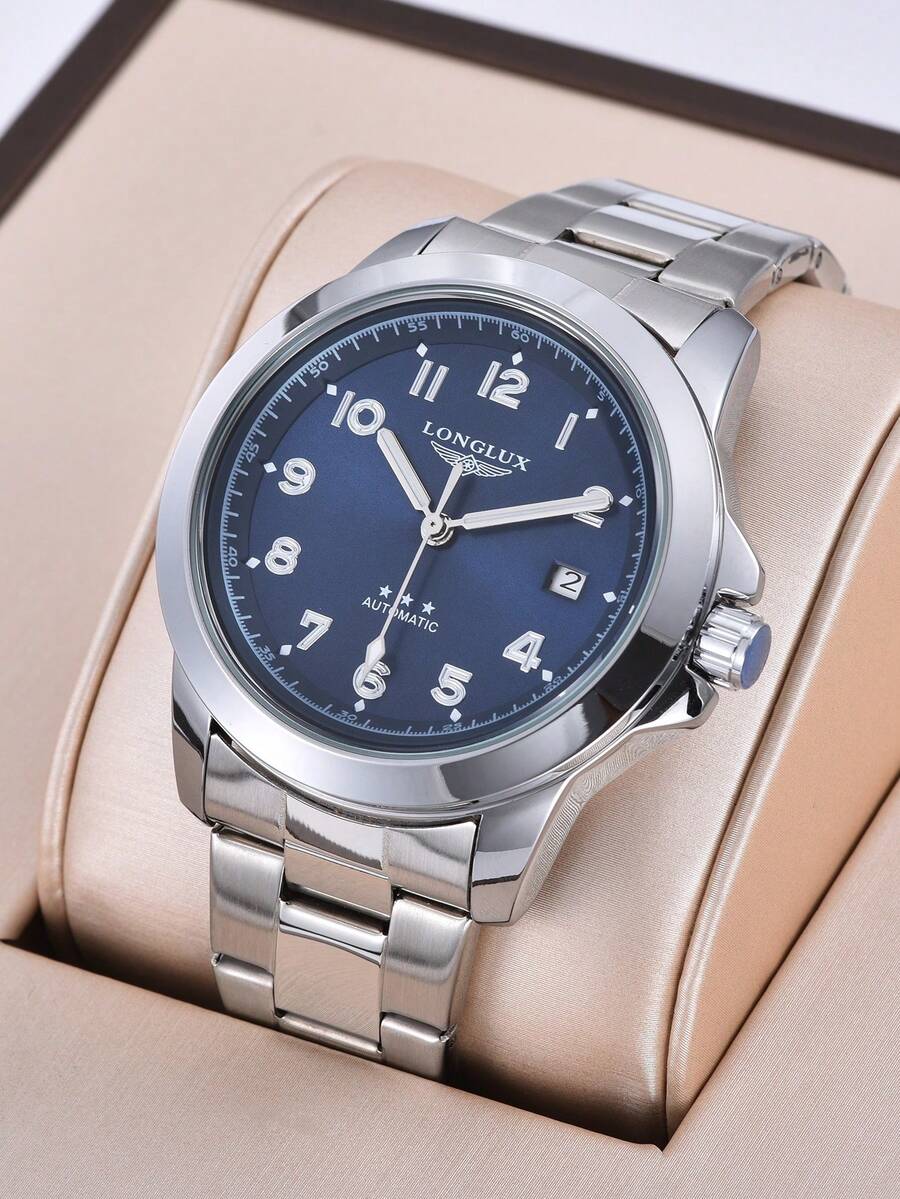 LONGLUX 1 chiếc đồng hồ cơ tự động nam, lịch công sở, dây thép không gỉ, đồng hồ đeo tay thường ngày, thích hợp làm quà tặng dịp lễ.