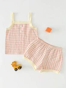 Bộ 2 món cho bé gái: Áo hai dây kẻ caro phối màu tương phản và quần short kẻ caro, thích hợp cho hoạt động ngoài trời, ăn uống, trang phục mùa hè. - Màu Cam san hô - Xem 2