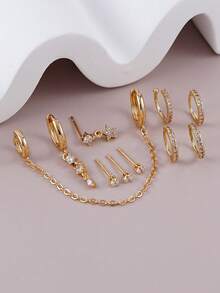 10 Stück Ohrringe Set mit kubischem Zirkonia, mehrschichtige Ohrstecker mit Stern Anhänger Kette, geeignet für den täglichen Gebrauch von Frauen, Dates, Partys - Goldgelb - Übersicht 3