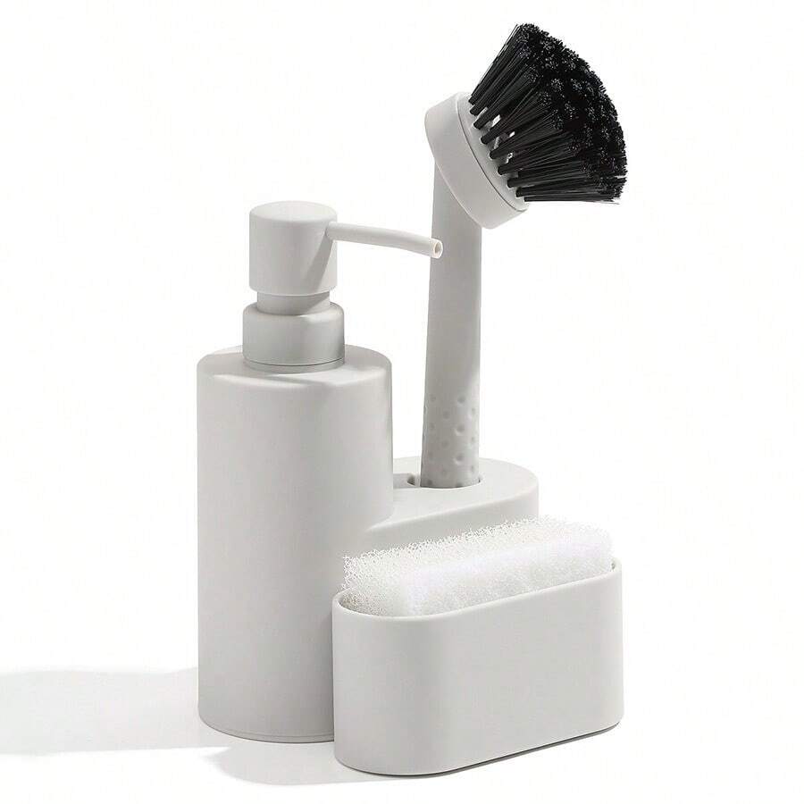 Kitchen Soap Dispenser Set With Sponge Holder And Brush, Suitable For Use On Sink Shelves, For Holding Hand Soap And Dish Soap. - White - View 1