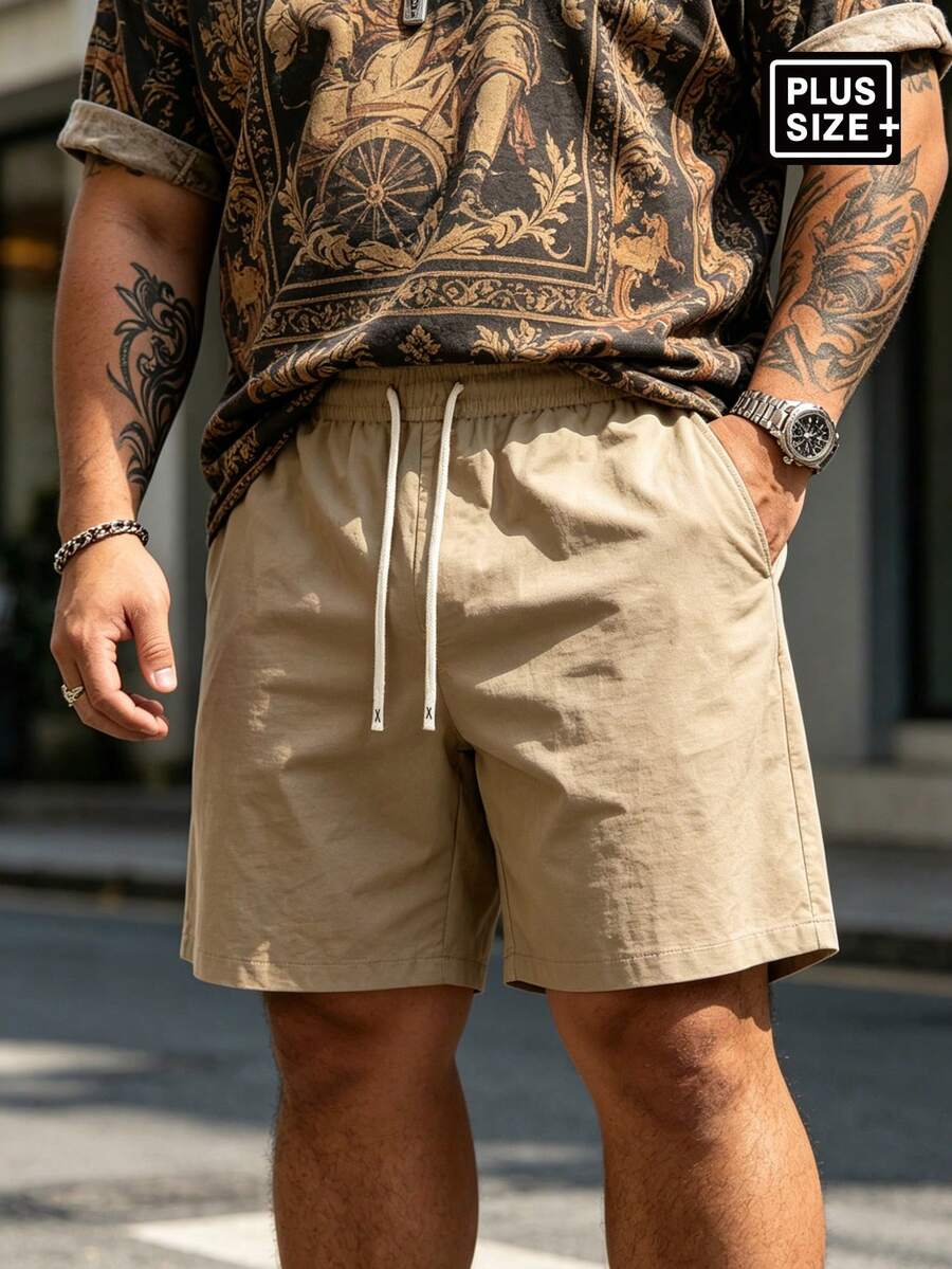 Plus Size Men's Solid Color Casual Street Sports Shorts With Pockets, Men's Loose Straight Leg Casual Pants, Gift For Husband Summer - Khaki - View 1