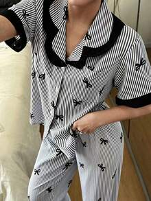 Dreamivo 2 Peças Conjunto de Pijama Feminino, Conjunto de Pijama com Estampa Listrada Preta, Babado, Manga Curta e Calça Longa, Pijama Confortável com Abertura Frontal e Lapela - Top de Manga Curta Macio com Botões e Calça Longa com Cintura Elástica, Roupa de Descanso Casual - Preto - Visão 4