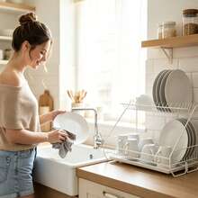 1 Pc 2-Tier Iron Dish Drying Rack, Multifunctional Kitchen Countertop Storage Rack With Cup Holder, Drain Tray, Utensil Holder & Cutting Board Rack, Rustproof Detachable Dish Rack For Sink, Sturdy Easy To Clean Kitchen Organizer For Plates, Cups & Kitchen Utensils, Housewarming/Mother's Day/Holiday Gift - Multicolor - View 7