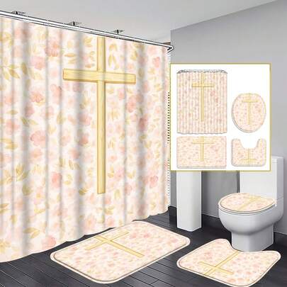 1/4 Piece Of Cherry Blossom Cross-Pattern Bathroom Decor, Bathroom Accessories Include A Shower Curtain, Bathroom Mat, U-Shaped Mat, Toilet Lid Mat, 70.87 X 70.87 Inches With 12 Hooks. Practical Home Decor, Easy To Clean And Maintain, Suitable For All Seasons.