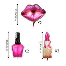 Set de 6 globos de papel de aluminio con forma de lápiz labial, brillo de labios y esmalte de uñas, globos de decoración para fiesta de cumpleaños con temática de maquillaje - Globo labial - Ver 7