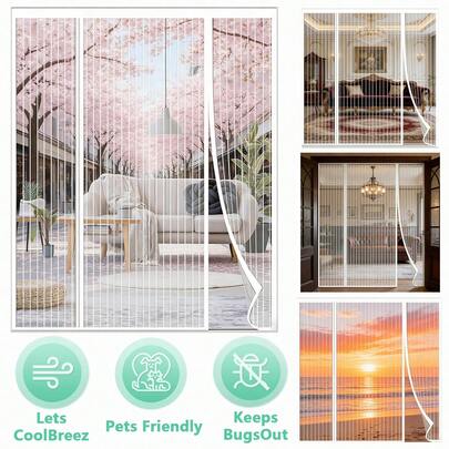 Cửa lưới chống muỗi từ tính 3 tấm cải tiến, sợi polyester thân thiện với thú cưng, ngăn ngừa côn trùng, phù hợp cho cửa trượt, cửa hiên, cửa kiểu Pháp (Màu trắng)