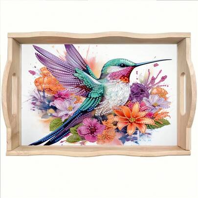 Bộ tranh đính kim cương tự làm kèm khay, thiết kế - Kim cương acrylic bất đối xứng, chủ đề chim, khay gỗ thủ công thích hợp cho các buổi họp mặt gia đình, trang trí bữa sáng, cà phê, trà, lưu trữ, đồ dùng tiệc tùng, trang trí nhà cửa.