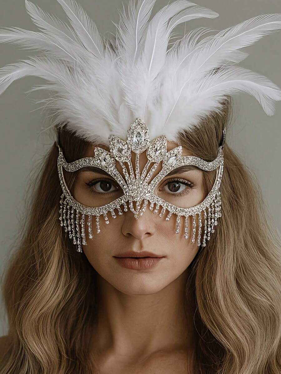 1pc/Silver Feather Rhinestone Tassel Mask Venetian Ladies Party Masquerade Mask Luxury Crystal Face Jewelry Fancy Dress Eye Mask - Silver - View 1
