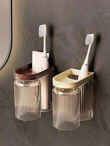 1 Set Soporte de pared de lujo para cepillo de dientes y estante para vasos, organizador de baño impermeable con soporte para cepillo de dientes eléctrico, fácil instalación sin taladrar - Multicolor - Ver 5