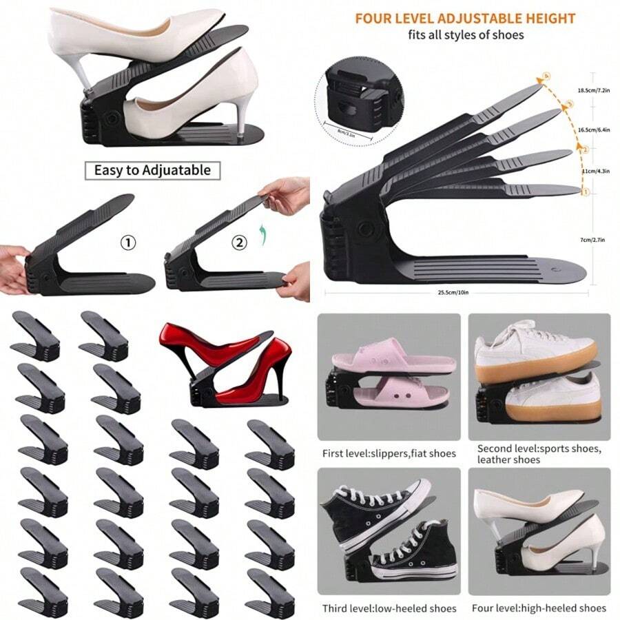 Antigo Organizador de ranuras para zapatos 20 unidades de apilador de zapatos ajustable para organización de clóset soporte para zapatos de doble cubierta ahorro de espacio negro - Ver 1