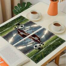 4pcs Square Football Theme Placemats, Combining Football Pattern And Football Field. Size: 30*45cm, Suitable For Dining Table And Indoor Decor. This Washable Placemat Set Makes A Great Gift. - Multicolor - View 7