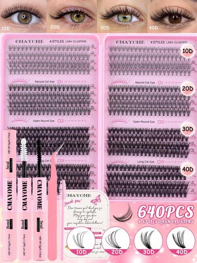 This DIY False Eyelash Kit Contains 640/544 Mixed Lashes. High-Density Individual Lashes, 10D-120D, 8-16mm Mixed D-Shaped Curl, Natural, Lightweight, Soft, Comfortable, And Long-Lasting. The Kit Includes Eyelash Glue, Tweezers, And An Eyelash Brush. (Eyelash Cluster Kit, False Eyelashes, Lashes)