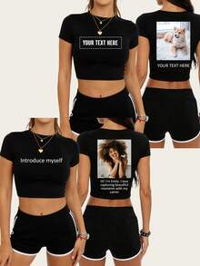 Double-Sided Customized Photo T-Shirt, Y2K 90s Retro Rap Tee, Personalized Cropped Top, Add Photo And Text, Music Festival Fan Outfit Black Summer - Black - View 2