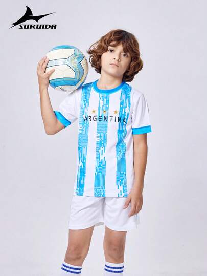 SURUIDA Tween Boy Argentina Football Jersey, Round Neck National Team Style, Comfortable Parent-Child Sports Set & Suitable For Boys/Girls Football Match Training, Casual And Holiday Wear & Gift For Kids