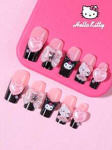 SANRIO 三丽鸥Hello Kitty 24片装中号方形黑色法式美甲贴片 - 可爱Hello Kitty风格3D立体造型，包含酷洛米、爱心、蝴蝶结等元素，镶嵌水钻和珍珠，完美贴合亚克力假指甲。适合日常派对、聚会和特殊场合。内含1支果冻胶和1把指甲锉。 - 彩色 - 查看 2