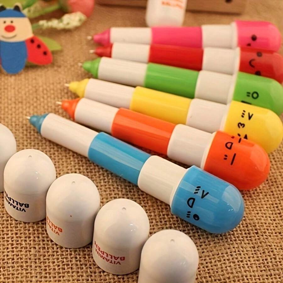 6支/24支装派对礼品笔 | 药丸形状笔、按压式圆珠笔、维生素胶囊形状笔 | 护士周、办公用品、生日派对礼品填充物 - 多色 - 查看 1