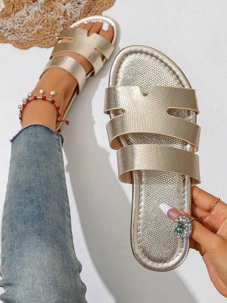 Ximi Ruo Korean Style Casual Flat Slippers, Women's Shoes, Open Toe Sandals For Spring, Summer, Suitable For Dresses, Beach, Apartment, Brown Color - Light Gold - View 1