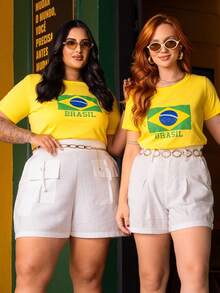 Brazil T-Shirt, Women's T-Shirt, World Cup, Green And Yellow Flag, 2026 , Sizes P To G3 Plus, 100% Cotton Fabric - 黃色 - 查看 7