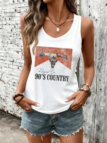GEQEQW 180G Vest Casual Summer Top Raised On 90s Country Bull Skull Print Sleeveless Tank Top Retro Western Style Women's Casual Top, Summer Outfits For Women, Vacation Outfits Women, Summer Clothes, Summer Tops - trắng - Xem 1