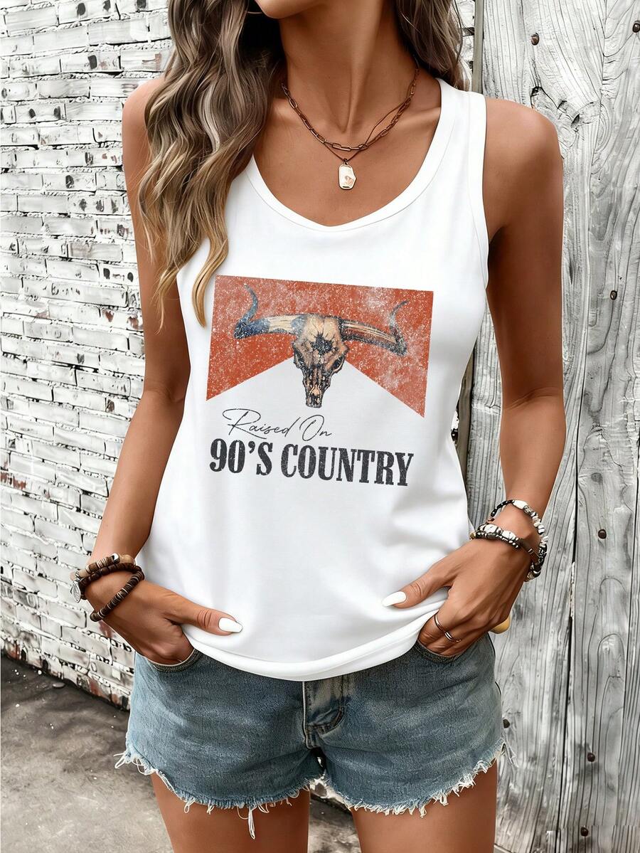 GEQEQW 180G Vest Casual Summer Top Raised On 90s Country Bull Skull Print Sleeveless Tank Top Retro Western Style Women's Casual Top, Summer Outfits For Women, Vacation Outfits Women, Summer Clothes, Summer Tops - trắng - Xem 1