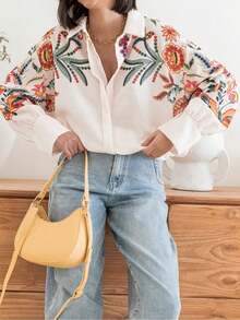 1pc Women's Spring Summer Autumn Casual Loose Vintage Fashion Elegant 3D Positioned Floral Print Oversized Drop Shoulder Long Sleeve Blouse White - White - View 3