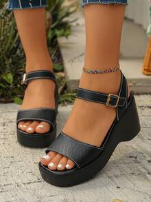 New Plus Size 36-42 Women's Contrast Stitching Decor Adjustable Open Toe Platform Wedge Heels Sandals, Retro Casual Style For Summer Outdoor, Commute, Date, Anti-Slip Thick Bottom Black Chunky Sandals - Black Embossed - View 4