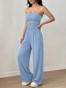 Women Summer Strapless Tube Top Ruched Wide Leg Pants Jumpsuit Casual Spring Holiday Beach Vacation Airport Sleeveless Rompers Outfits - 淺藍色 - 查看 3