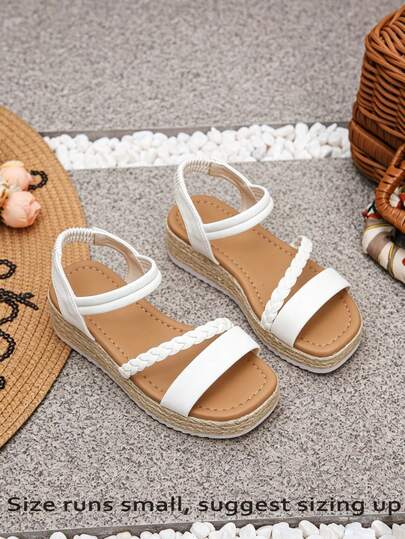 1 Pair Teens/Girls' White Thick-Sole Sandals (Size Runs Small), Summer Comfortable Lightweight Children's Shoes, Square Toe Fashion Sandals For Girls, Suitable For School And Daily Wear