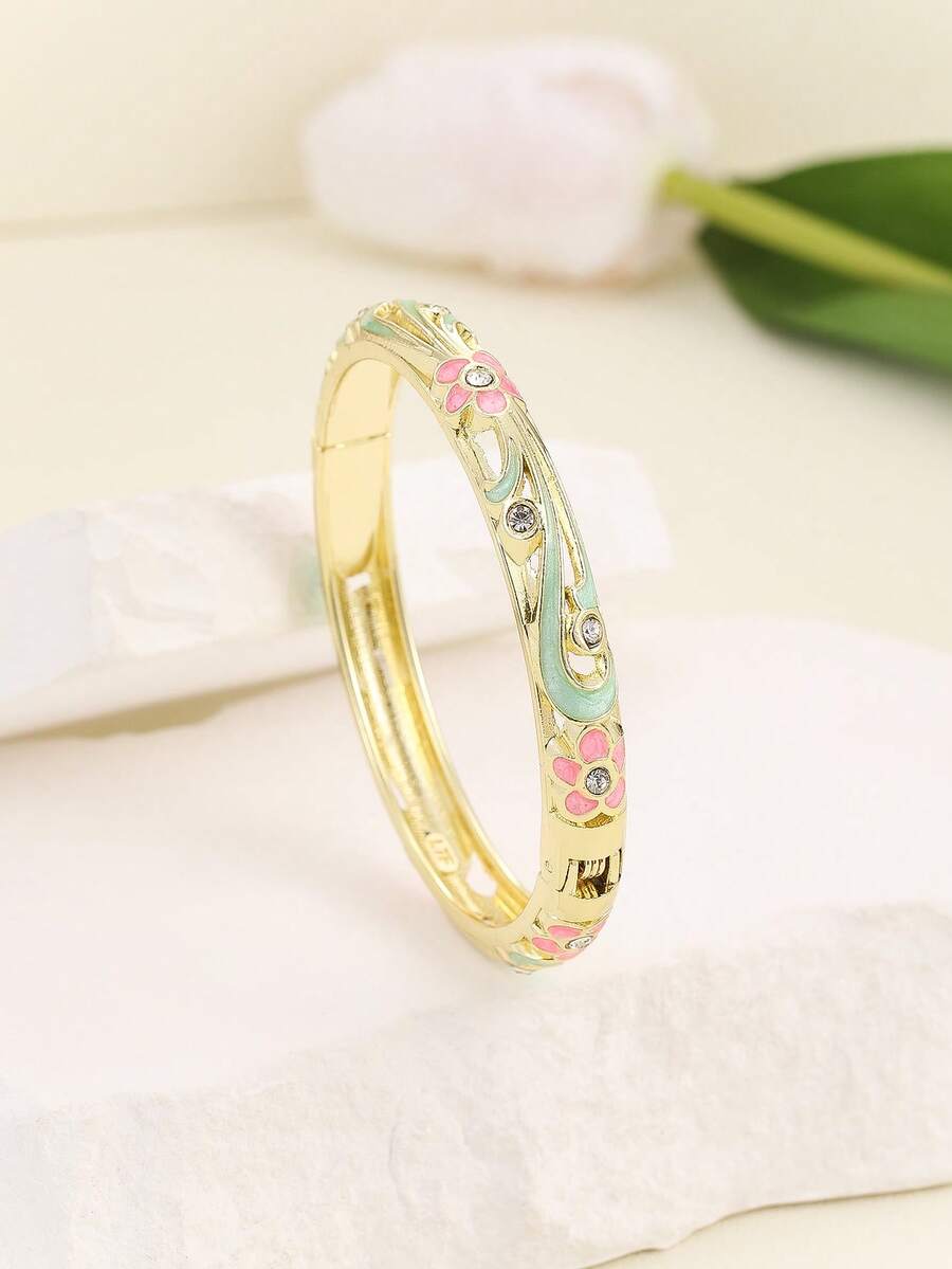 1pc Fashion New Style Gold Plated Exquisite Rhinestone Flower Enamel Cloisonne Bangle Bracelet Hinged Cuff Jewelry Gift For Girls Women Multicolor - Turquoise - View 1