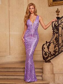 LOVE&LEMONADE Deep V-Neck Sleeveless Mesh Patchwork Geometric Sequin Maxi Fish Tail Party Evening Dress, Light Purple Vacation Wedding - Mauve Purple - View 1
