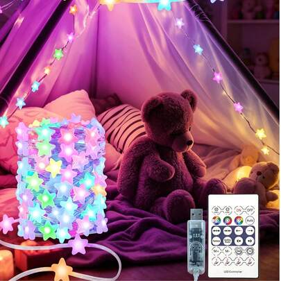 Dây đèn LED hình ngôi sao, trang trí phòng trẻ em, đèn cổ tích ngôi sao thông minh cắm điện, dài 33 feet (khoảng 10 mét) với 16 triệu màu đổi màu, chip RGB tích hợp, điều khiển từ xa, trang trí tiệc lễ hội, sân vườn, cắm trại, trong nhà, đám cưới, nhà cửa, trang trí phòng ngủ, trang trí phòng em bé, trang trí phòng trẻ sơ sinh, quà tặng tiệc mừng em bé, tự làm đèn nhấp nháy đồng bộ nhạc trang trí phòng ngủ Giáng sinh và quà tặng.