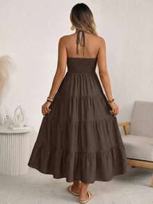 Đầm dài xếp tầng kiểu boho không tay, cổ yếm, hở lưng, dáng ôm xòe, dành cho nữ, hoàn hảo cho các bữa tiệc mùa hè. - màu nâu - Xem 4