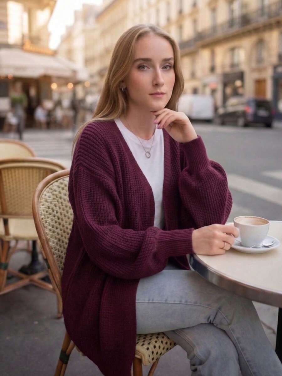 Women's Cardigan Jacket, Knitted, Puff Sleeve, Open, Winter Comfort - Redwood - View 1