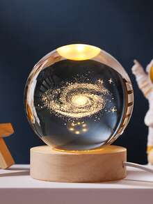 1pc USB Power 3D Crystal Ball Led Night Light With Wooden Base,Home Decor And Room Decor Night Light,Solar System, Moon, Milky Way, Saturn Pattern Night Lamp,Indoor Desktop Decor Light,Birthday Gift For Friends,Bedroom Decor Night Light - Yellow - View 6