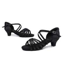 1 đôi giày khiêu vũ Latin dành cho nữ, đế mềm, gót trung bình, chất liệu satin, giày tập nhảy chuyên nghiệp cho học viên trường dạy nhảy và dịp lễ. - màu đen - Xem 4