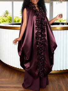 Women's Elegant African Style 2 Pieces Set, Including Ruffle Hem Loose Kaftan Dress And Wide Leg Jumpsuit In Burgundy, Suitable For Formal Occasions And Parties - Burgundy - View 3