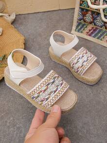 Sandalias de plataforma tejidas nuevas de verano para niñas, con diseño de cierre de gancho y bucle, adecuadas para uso diario - Blanco - Ver 2